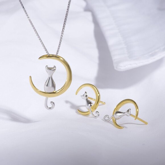 Women's S.Leaf 18Karat Plated Cat Earrings 925 Sterling Silver Hypoallergenic - Picture 8 of 9